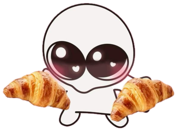 Big-eyed sticker figure with croissants, captioned 'I can't flirt but I can get you prashant' sticker