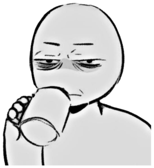 Minimalist cartoon figure sipping from a mug with a skeptical, side-eyeing squint sticker
