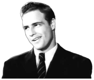 Vintage black-and-white shot of a suited young man with a sly, charming smirk sticker