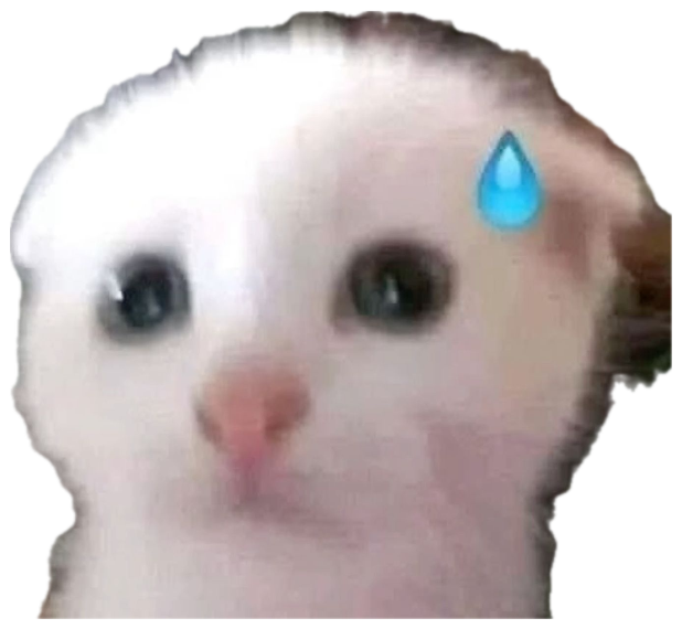Blurry white kitten with a big anime sweat-drop emoji, smiling nervously sticker