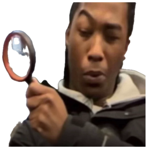 Guy peering through a magnifying glass with a deeply concentrated, skeptical look sticker