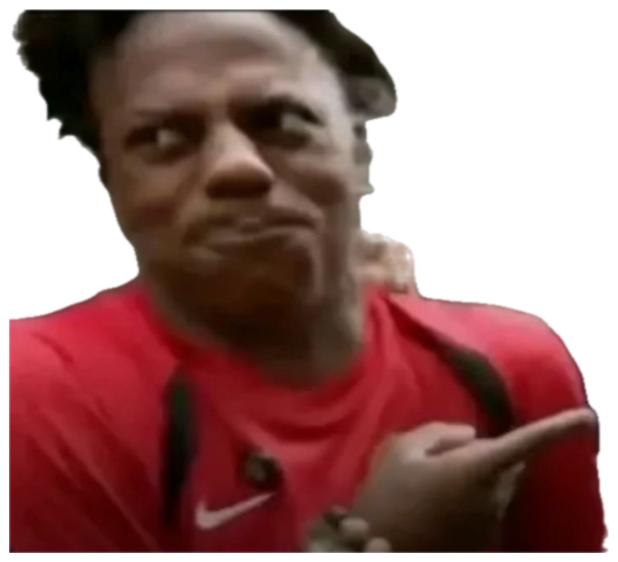 Man in a red shirt side-eyeing and pointing off to the side with a skeptical face sticker