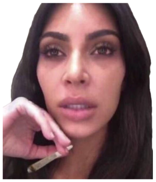 Woman holding a rolled cigarette to her lips with a totally blank, glazed stare sticker