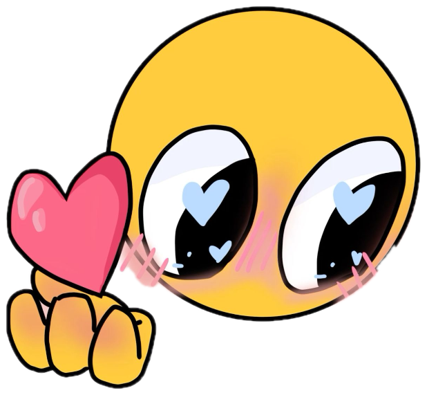 Yellow emoji-style cartoon face with heart-shaped pupils and blush, holding a heart sticker