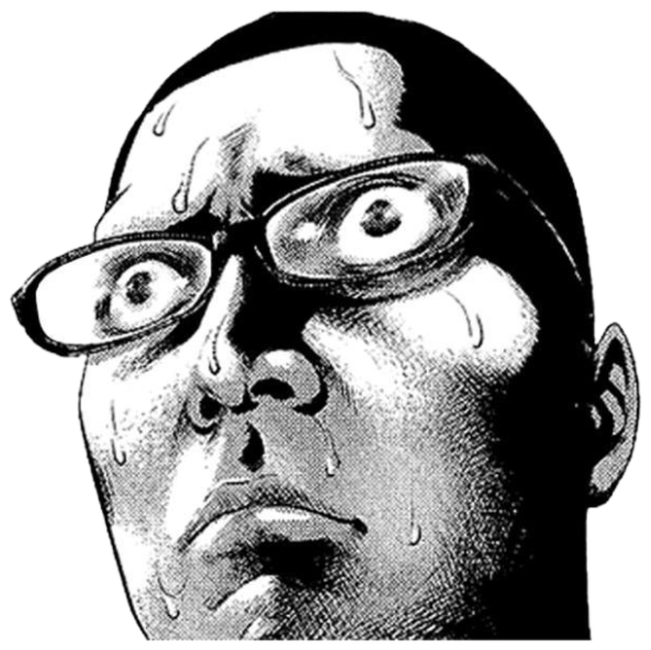 Manga character with thick glasses sweating and staring up in wide-eyed terror sticker