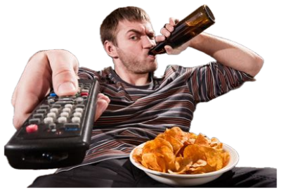 Guy on the couch simultaneously chugging a beer and pointing the remote like it's an emergency sticker