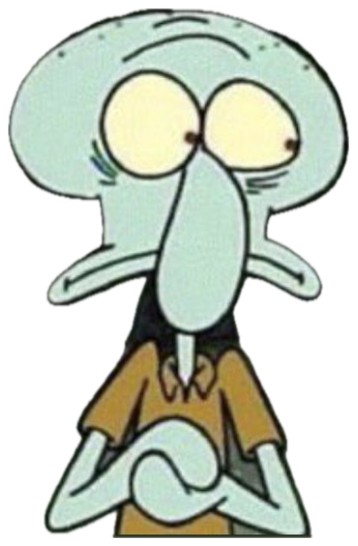 Squidward wide-eyed and twitchy, clasping his hands nervously in a dark seabed setting sticker