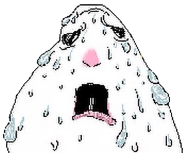 Round cartoon blob character sweating and crying under a blazing hot sun sticker