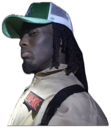 Man in a green trucker cap looking off to the side with a cool deadpan stare sticker