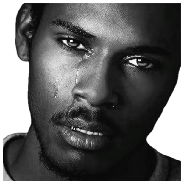 Black and white close-up of a man with a single tear rolling down his cheek sticker