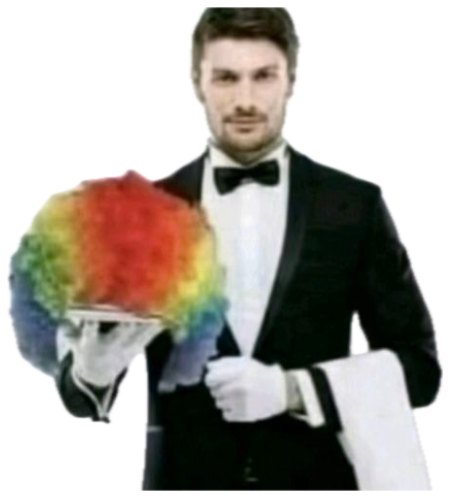 Deadpan butler presenting a rainbow clown wig on a silver tray, captioned 'Your wig, Sir.' sticker