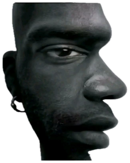 Black and white close-up of a man's face in profile with a flat, unreadable stare sticker