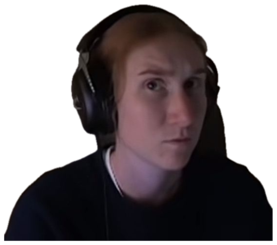 Man in headphones staring at the camera with a tired, deadpan expression sticker