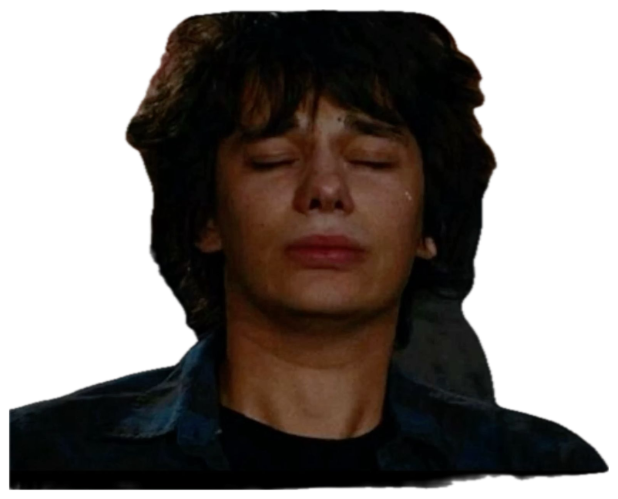 Young man with eyes closed, tears rolling down, totally overcome with emotion in a crowd sticker