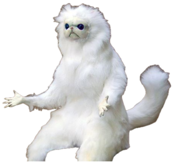 The bizarre white furry cat-monkey figure sitting with an open palm and blank stare sticker