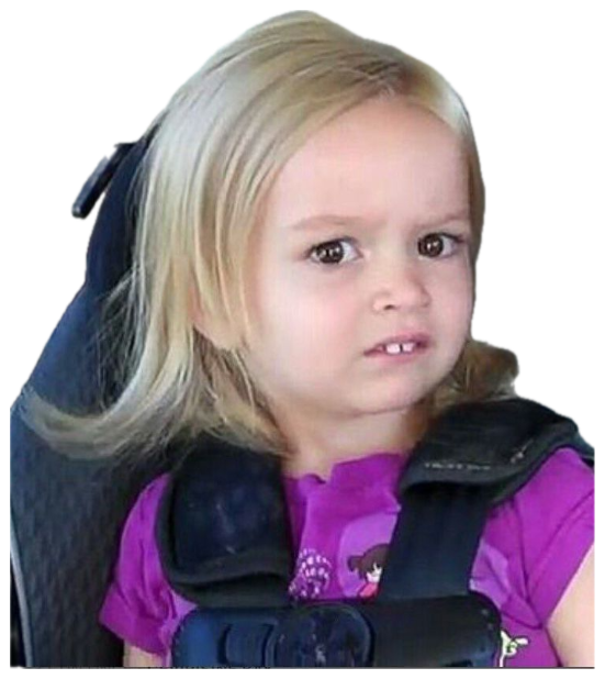 Little blonde girl in a car seat frowning slightly with a skeptical, unimpressed look sticker