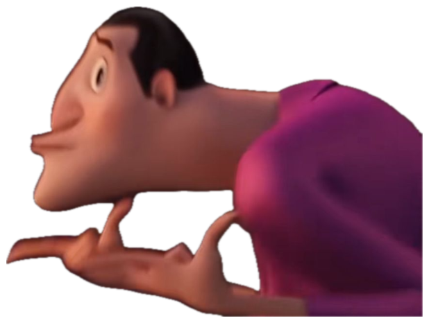 Animated man in a pink shirt leaning in with a smug little smirk and a limp hand sticker