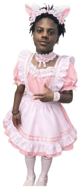Person in a frilly pink lolita dress and bunny-ear headband posing stiffly in a hallway sticker