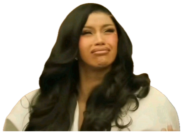 Woman with long black hair making a pained, cringing smile while trying to hold it together sticker