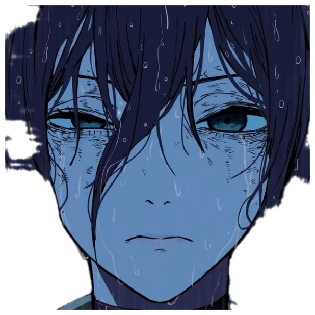 Dark-haired anime character soaked in rain looking utterly devastated sticker