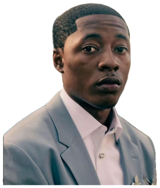 Young man in a grey suit leaning against a car giving a flat, unreadable stare sticker