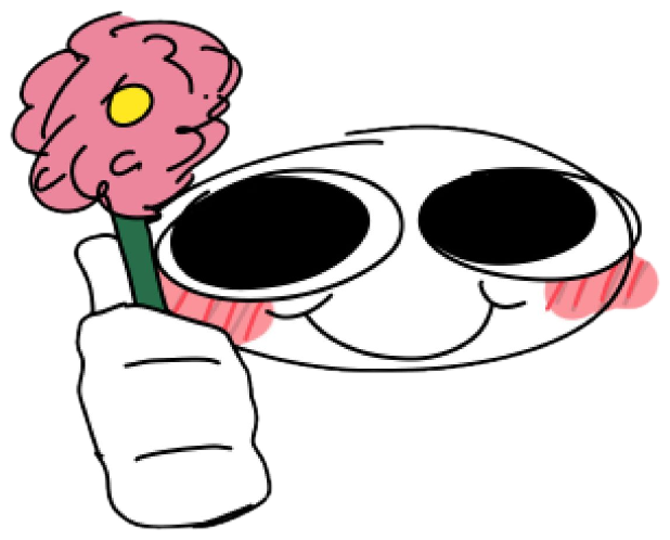 Cute cartoon face holding a pink flower with blushing cheeks and a sly smile sticker