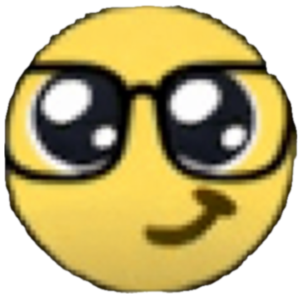 Grainy yellow smiley with glasses giving a sideways smug little smirk sticker