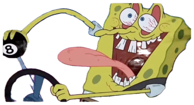 SpongeBob at the wheel with bloodshot bulging eyes and his tongue flying out sticker