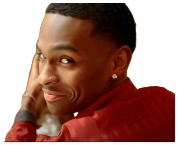 Guy in a red shirt resting his chin on his hand with a flirty little smirk sticker