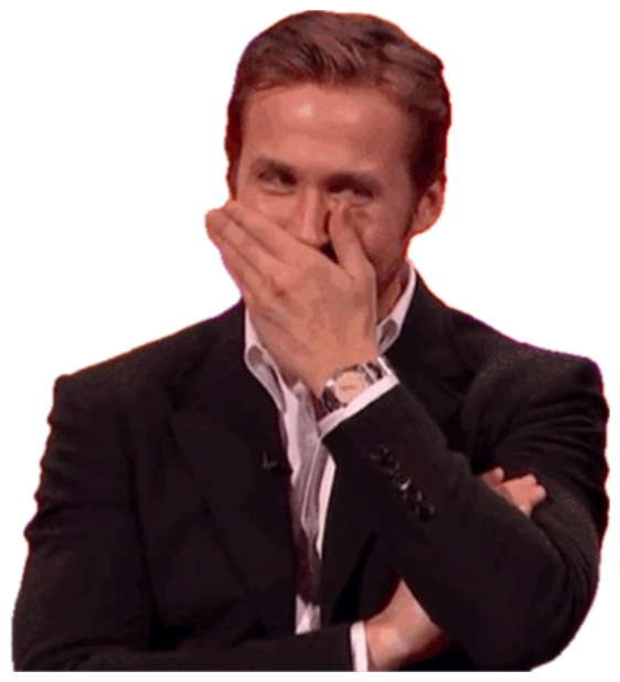 Ryan Gosling covering his face with his hand, shoulders shaking with laughter on a talk show sticker
