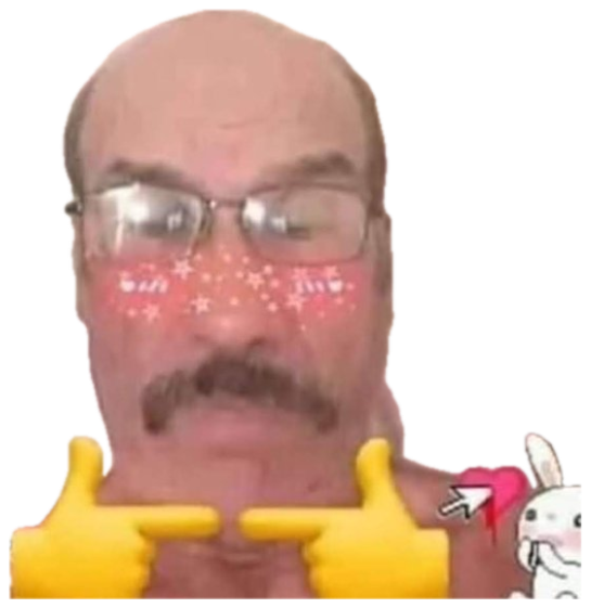 Mustached older guy on webcam under a Hello Kitty sparkle filter, emoji hands poking together sticker