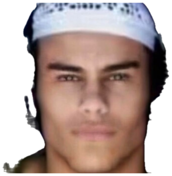 Guy in a white durag and headphones giving a flat, deadpan stare into the camera sticker