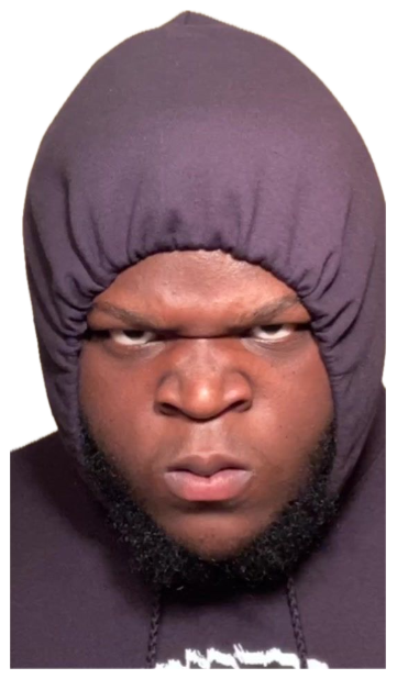 Man in a tight hood glaring at the camera with a menacing frown sticker