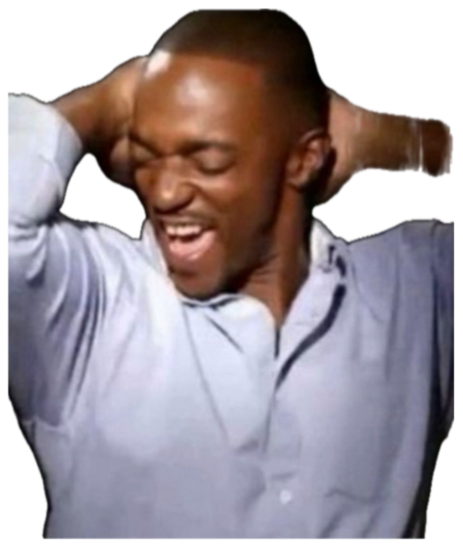 Man in a blue shirt cracking up with his hands behind his head and eyes squeezed shut sticker