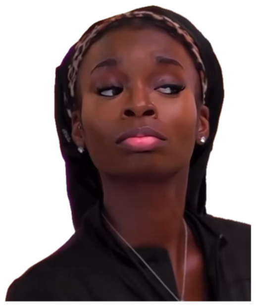 Woman in a hood cutting a skeptical side-eye with pursed lips sticker