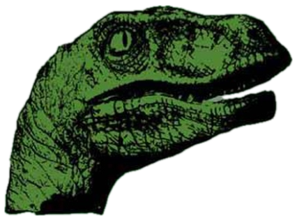 The Philosoraptor meme, a green raptor holding its claw to its chin deep in thought sticker