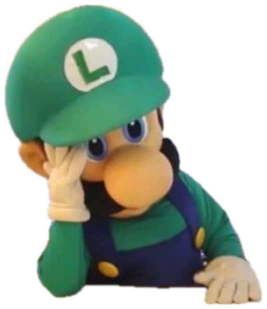 Luigi mascot costume slumped over a desk resting his head on his hand, looking utterly defeated sticker