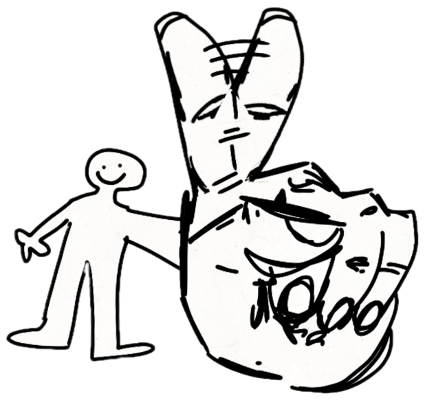 Stick figure next to a giant smug peace-sign hand saying 'nuh uh' sticker