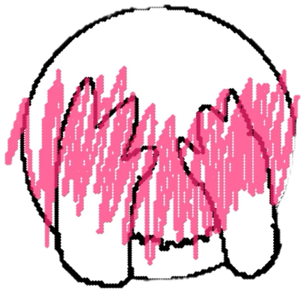 Cartoon figure covering its blushing face with hands under a wall of random keyboard mashing text sticker