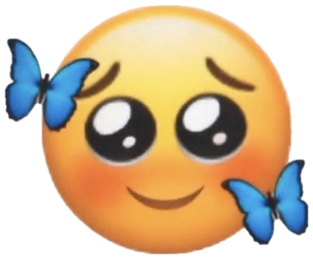 Pleading-eyes emoji with a shy smile flanked by two blue butterflies sticker