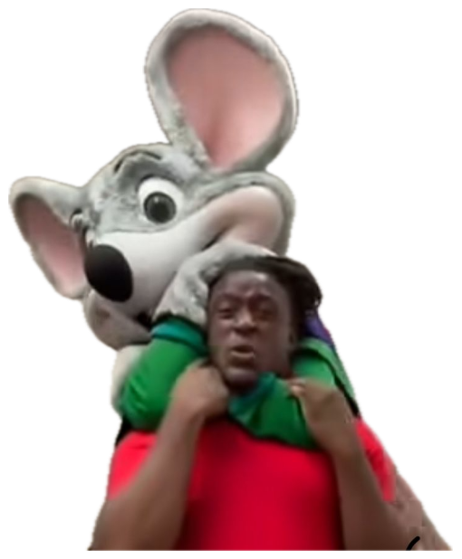Man in a headlock from a giant mouse mascot, face frozen in panic sticker