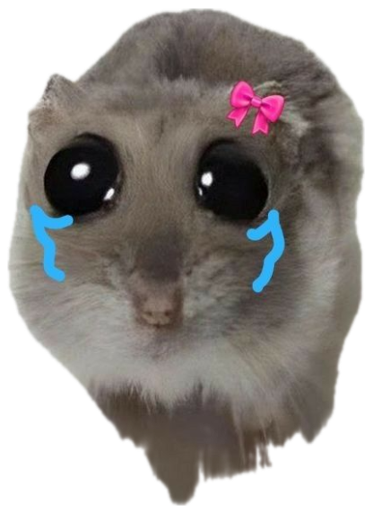 Hamster edited with cartoon teary eyes and a pink bow, looking heartbroken sticker