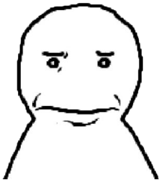 Simple line-drawn face with raised brows and a stiff, forced awkward smile sticker
