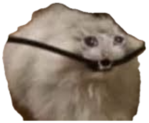 Fluffy white dog peeking out from behind a cable with a blank, defeated stare sticker