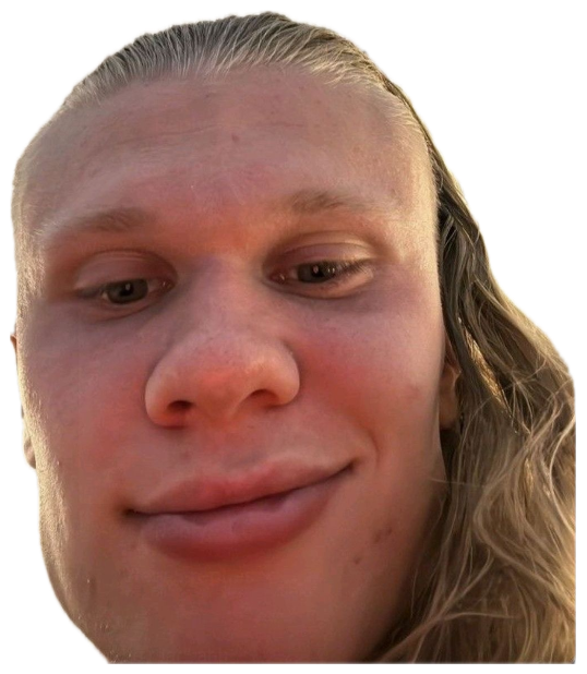 Extreme close-up selfie of a blond man with slicked-back hair and a flat, blank expression sticker