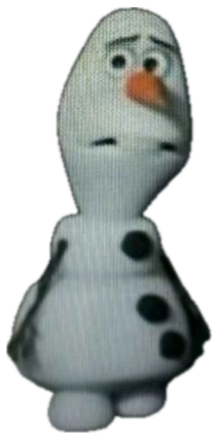 A deflated sock-puppet Olaf standing alone in the dark looking sad and small sticker