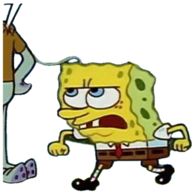 SpongeBob trudging along looking grumpy and fed up with a question-mark squiggle above his head sticker