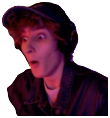 Streamer in a cap and headset with wide eyes and a dropped jaw in total disbelief under purple lighting sticker
