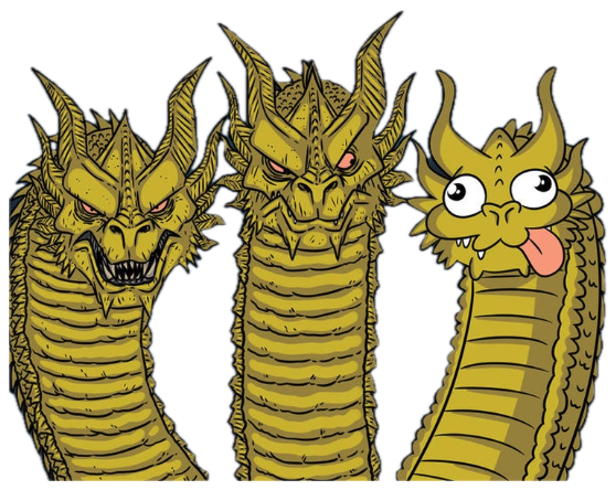 Three-headed dragon cartoon with two fierce heads and one goofy derpy head sticking its tongue out sticker