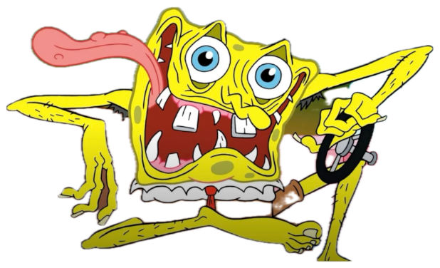 Ugly distorted SpongeBob gripping a steering wheel with a wild, unhinged grin sticker